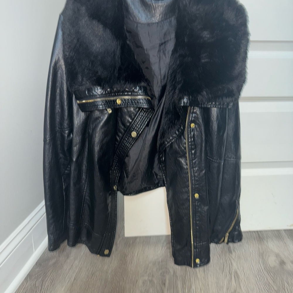 Black Rivet Black Leather Motorcycle Jacket with Asymmetrical Zipper